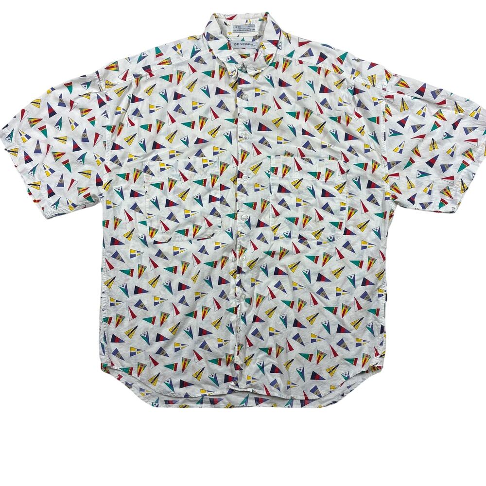 Vintage Nautical Flag Print Generra Shirt Mens Large Short Sleeve Button Summer